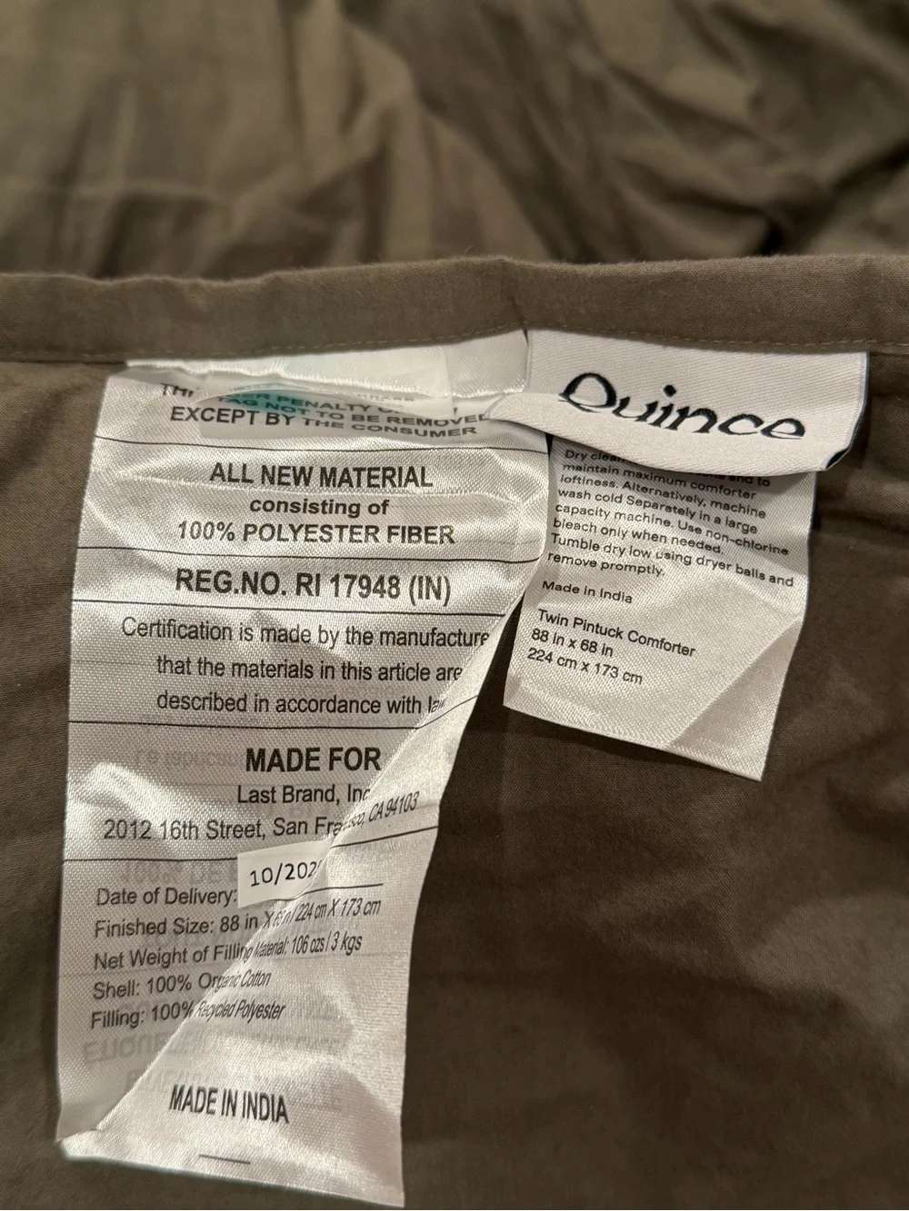 Quince Cotton Pintuck Comforter Twin Dusty Olive